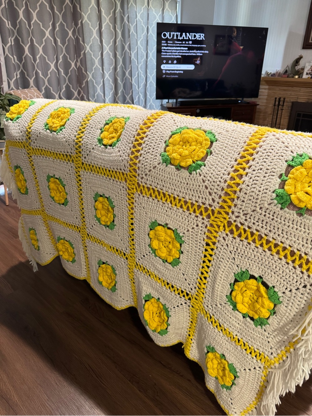Handmade Cream and Yellow Crochet Floral Throw Blanket by